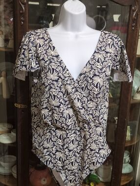Boden Navy and Cream Floral Wrap-Front Bodysuit